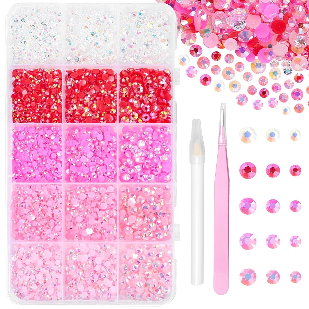 12000Pcs Flatback Resin Jelly Rhinestones with Pickup Tool - Pink Set (Mixed Sizes)